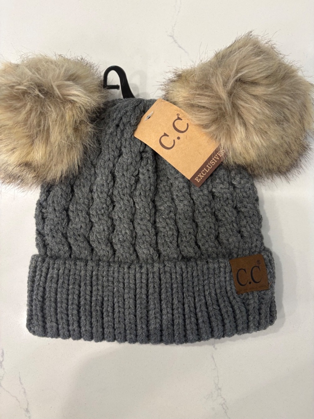 C.C Dark Melange Grey Double Pom Beanie